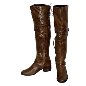 Pour La Victoire Brown Ital Leather Over Knee Low Heel Boots Boho Timeless 6.5